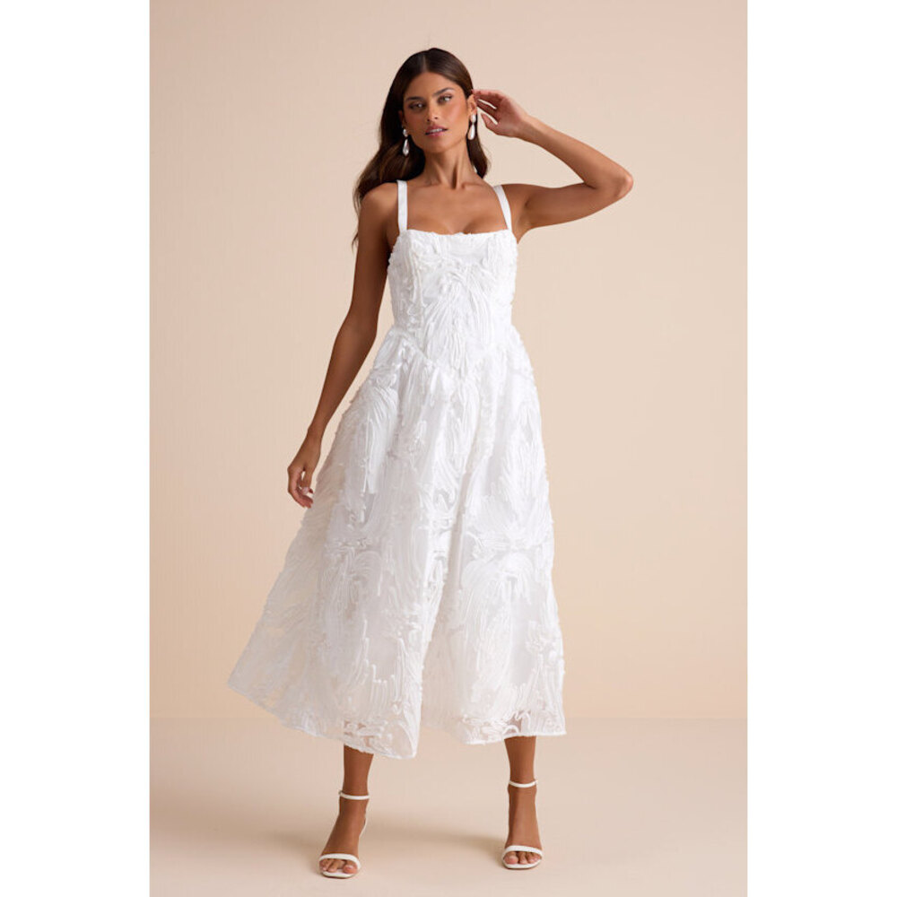 Lulus Perkins White Textured Lace-up Corset Midi Dress - Size XS